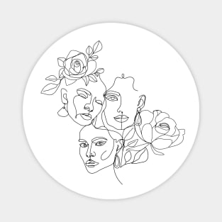 Minimal women's line art. Illustration with one line woman face, flowers and leaves. Magnet